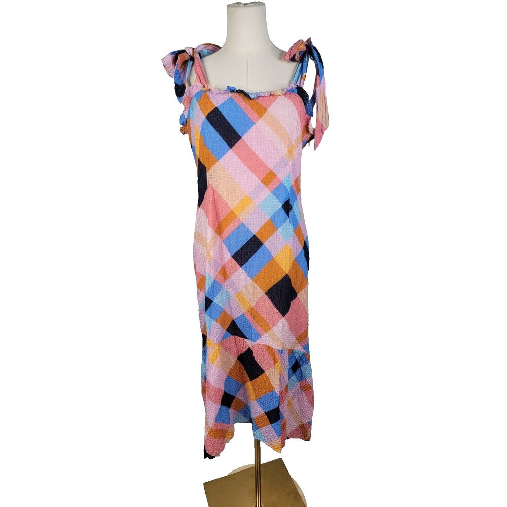 Marie Oliver Maya Midi Dress Plaid Tie Shoulder Size Medium Linen Silk Blend